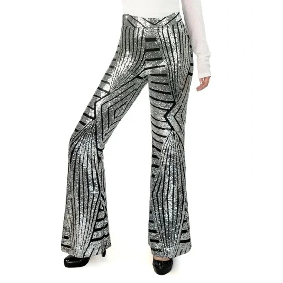 NEW! Sequin Flare Leg Pants - Silver and Black - Picture 3 of 5